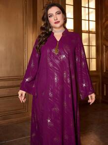 Al Najma Plus Size Women'S Long Sleeve Dress With Gold Stamped Floral Print