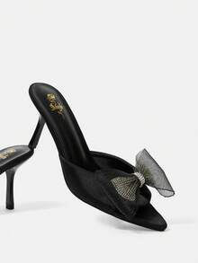 CUCCOO CHICEST 網眼蝴蝶結裝飾女士細高跟涼鞋 - 黑色 - 查看 5