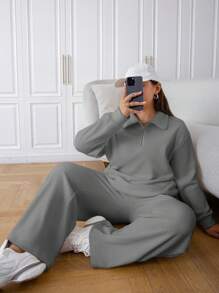 SHEIN EZwear Plus Size Zipper Half Placket Thermal Lined Sweatshirt And Sweatpants Set For Keeping Warm - Grey - View 5