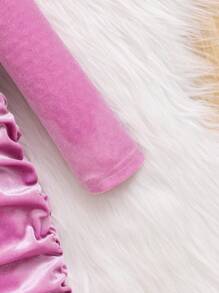 SHEIN 青少年女孩针织纯色短款天鹅绒圆领褶饰休闲连衣裙 - 淡紫色 - 查看 4