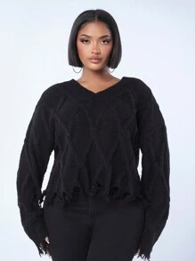 SHEIN SXY 破洞v領紋理花紋長袖毛衣 - 黑色 - 查看 3