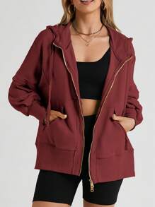 超大號棕色原邊暴露縫紉全拉鍊連帽衫 - 棕色 - 查看 1