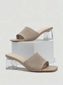 女性粗跟/中跟鞋拖鞋,透氣針織中空高跟夏天涼鞋