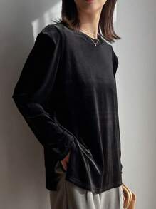 FRIFUL Của phụ nữ Lông cừu Tay áo dài Áo thun - màu đen - Xem 4