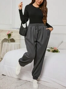 SHEIN EZwear 大尺碼純色彈性腰慢跑褲 - 灰色 - 查看 6