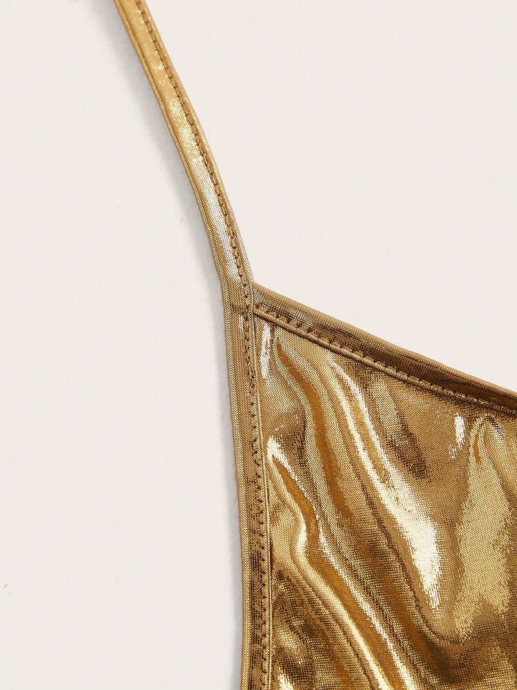 SHEIN ICON Women'S Twisted Knot & Hollow Out & Metallic Detail Halter Top - Gold - View 3