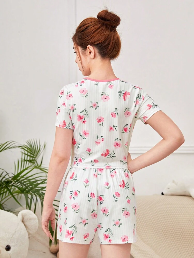 Teenage Girls' Knitted Striped Floral Bow Knot T-Shirt And Shorts Homewear Set