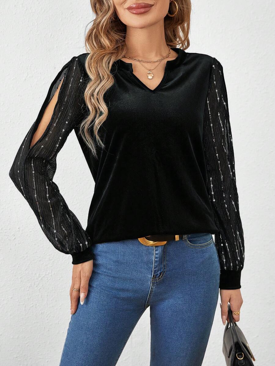 SHEIN Clasi Women'S Hollow Out Top With Notched Collar - Black - View 1