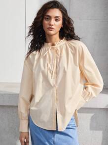 SHEIN BIZwear Của phụ nữ Tay áo lồng đèn Áo sơ mi Với Cà vạt - Màu Khaki - Xem 7