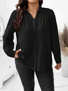 Elenzga 大尺碼純色長袖襯衫