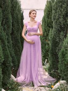 Maternity Ruffled Mesh Maxi Prom Party Elegant Dress - Mauve Purple - View 1
