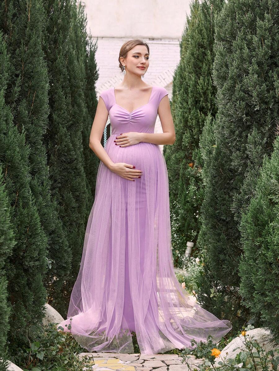 Maternity Ruffled Mesh Maxi Prom Party Elegant Dress - Mauve Purple - View 1