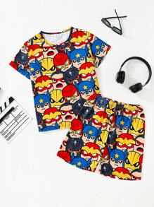 Bộ đồ mặc nhà Tween Boy Hero chủ đề in ngắn tay và quần short, mùa hè - Nhiều màu - Xem 1