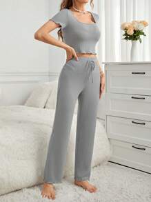 純色女士家居服套裝 - 灰色 - 查看 3