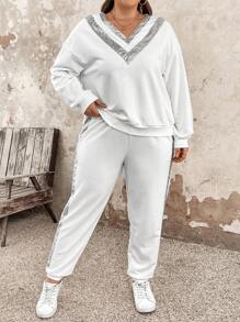 SHEIN LUNE 加肥碼閃爍拼接兩件套裝 - 白色 - 查看 3