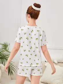 SHEIN Conjunto De Ropa De Hogar Para Adolescentes De Niñas, Camiseta Y Shorts Con Volantes Y Patrón De Aguacate Tejido Acanalado - Multicolor - Ver 2