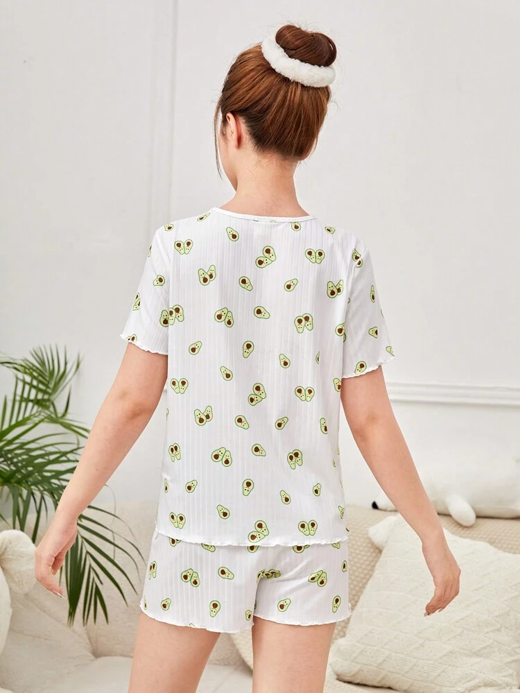 Teen Girls' Knitted Ribbed Avocado Patterned Ruffle T-Shirt And Shorts Homewear Set