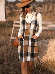 SHEIN Unity 女士格子印花背心連身裙 - 卡其色 - 查看 6