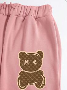 SHEIN Cartoon Pattern Hoodie With Kangaroo Pocket And Sweatpants Two Piece Set - Dusty Pink - View 4