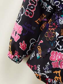 Tween Girls' Street Style Printed Parka Padded Coat With Collar And Hooded Waist Drawstring Fall Winter - Multicolor - View 5