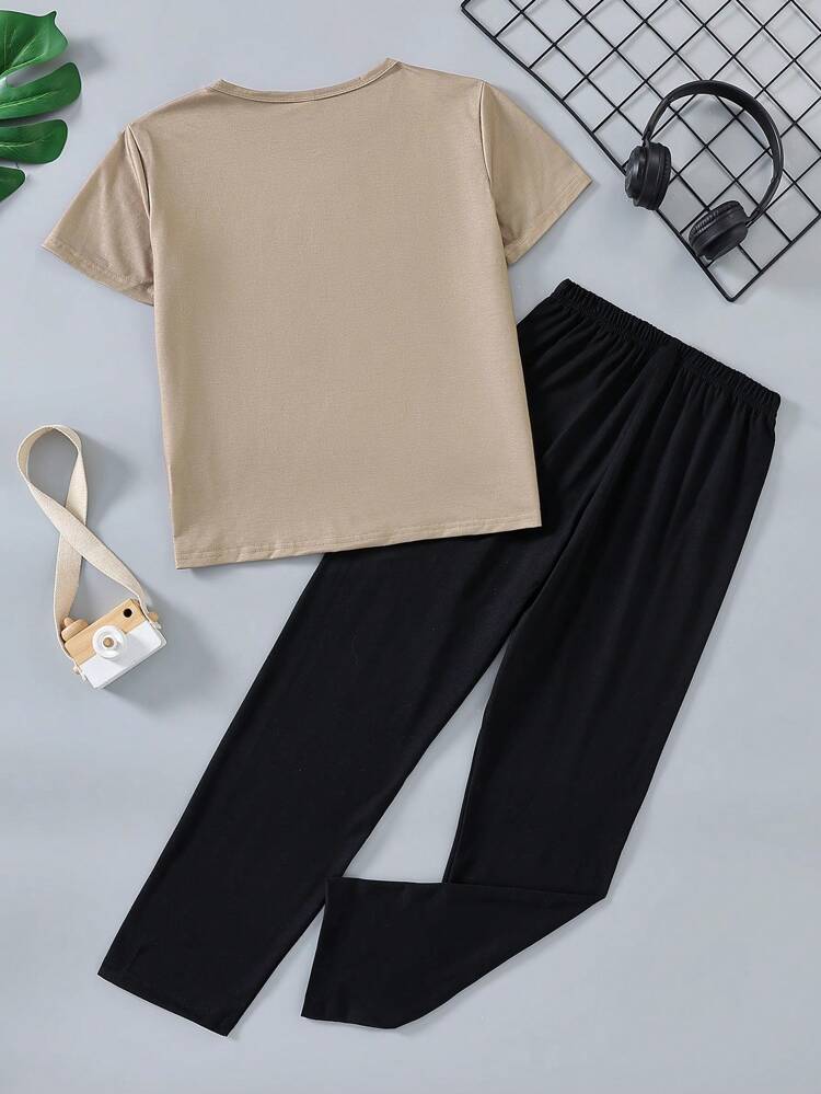 Boys' Letter Print Short Sleeve T-Shirt And Long Pants Set For Autumn And Winter, Home Clothes