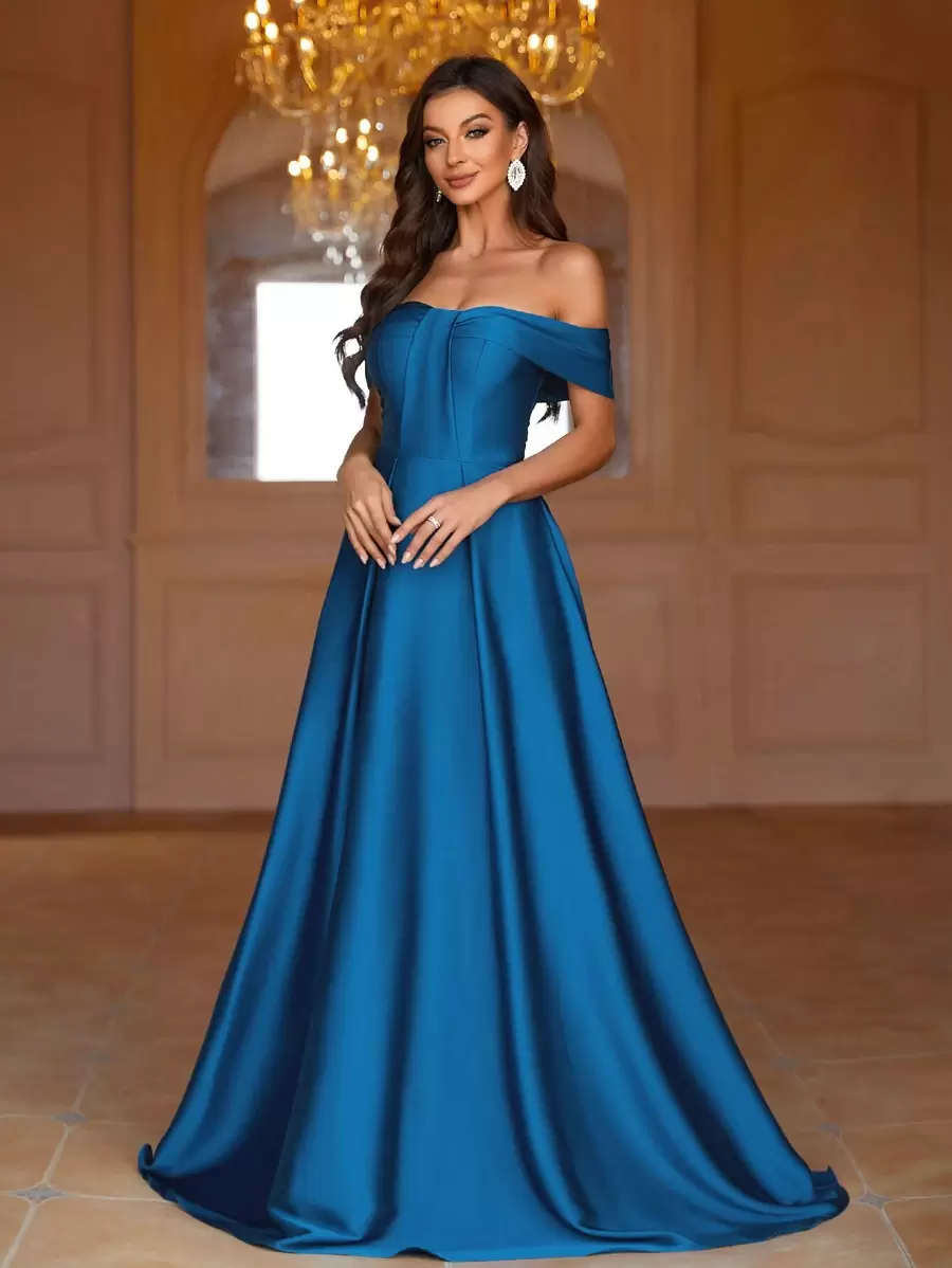 SHEIN Belle Off Shoulder Pleated Bridesmaid Dress Ball Gowns Woman