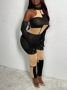 Slaydiva Mesh High Neck Colorblock Sleeveless Unitard Jumpsuit With Long Sleeve Arm Warmer - Multicolor - View 6