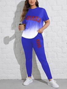 SHEIN MOOSTA 大尺寸漸變色字母印花短袖 T 恤和緊身褲套裝 - 寶藍色 - 查看 1