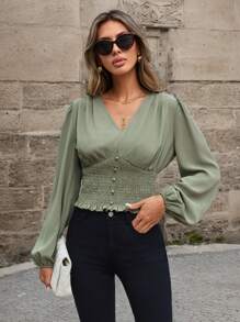 SHEIN Clasi 女性v領提花袖包身衬衫 - 綠色 - 查看 1