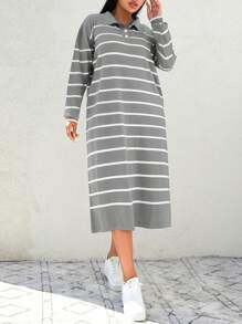EURMUSE Plus Size Women's Striped Shawl Collar Sweater Dress - Light Grey - View 3