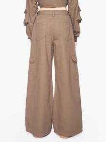 ROMWE Grunge Punk 宽腿 Maillard 牛仔裤，配有实用口袋和宽松版型 - 卡其色 - 查看 5