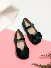 女孩復古絲絨蝴蝶結公主平底鞋方頭適合學生演出 - 綠色 - 查看 2