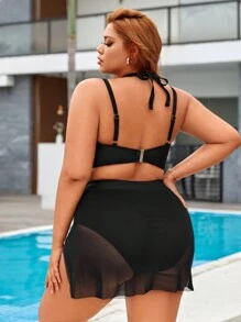 SHEIN Swim Curve 夏季大码带扣带边纯色比基尼套装 - 黑色 - 查看 2