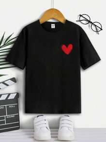 SHEIN Tween Boy Valentine's Day Heart Print Round Neck Short Sleeve T-Shirt, Family Matching Mommy And Me (Sold Separately) - Black - View 3