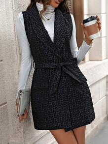 女式提花無袖連衣裙 - 黑色 - 查看 3