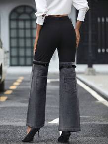 SHEIN Clasi 带扣带装饰色块对比牛仔效果喇叭裤 - 淺灰色 - 查看 2