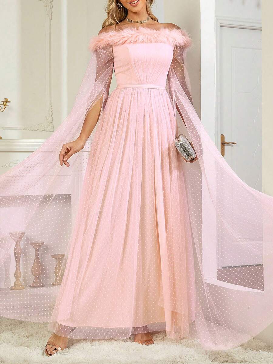 Lưới & Lông vũ Đầm dạ hội - Hồng - Xem 1