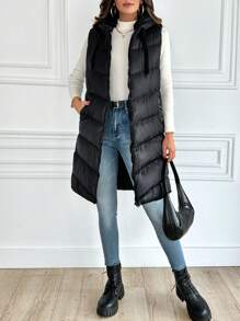 EURMUSE Zip Up Hooded Vest Puffer Coat - Black - View 6