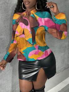 Slaydiva Của phụ nữ Đầy màu sắc In Tie Trước Collared Áo sơ mi - Nhiều màu - Xem 4