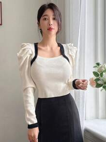 Dazy Designer 女士拼色泡泡袖毛衣、荷叶边、秋装 - 米色 - 查看 5