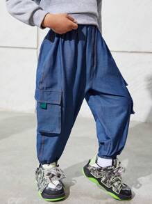 SHEIN Young Boy Casual Loose Fit Flap Pocket Jogger Pants - Light Wash - View 5