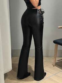 SHEIN ICON Low Rise Flared Pu Leather Trousers - Black - View 2