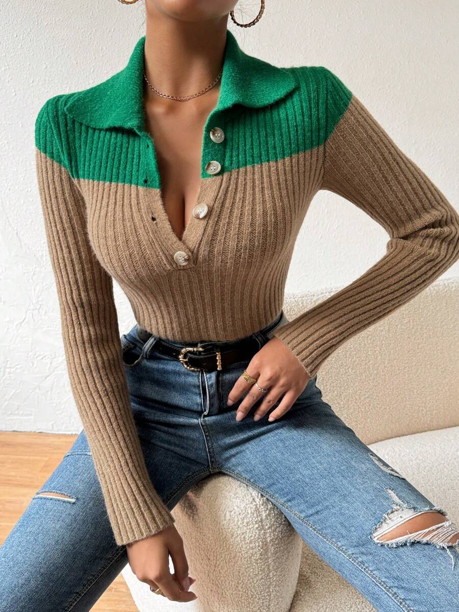 SHEIN Essnce Thon gọn Cổ áo Polo Khối màu Áo len dệt kim - Nhiều màu - Xem 1