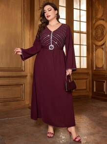 Modelyn Burgundy Red Plus Size V-Neck Long Sleeve Dress With Rhinestone Decoration
