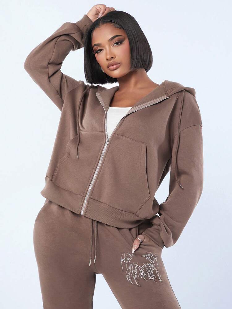Back Rhinestone Decorated Zipper Front Hoodie