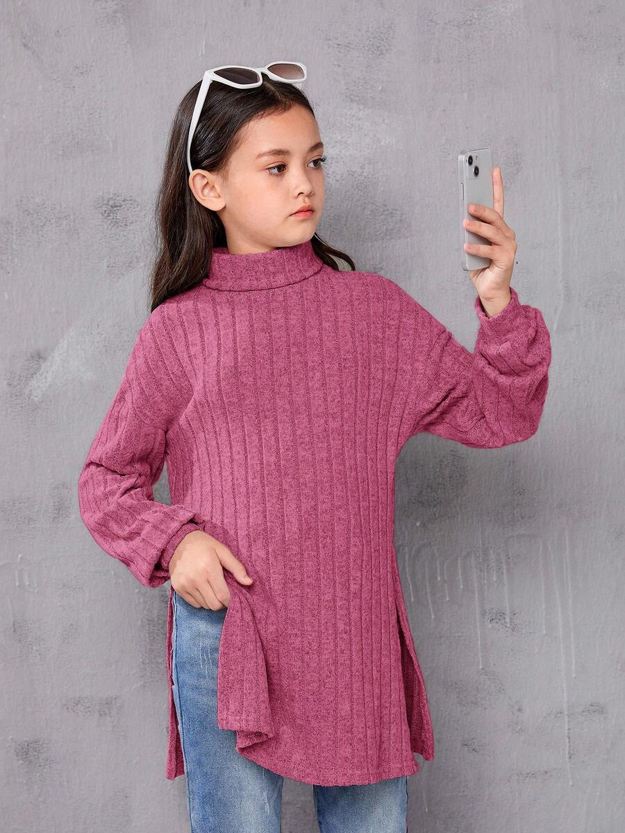 SHEIN 青少年女孩合身复古高领落肩罗纹长袖 T 恤 - 玫紅色 - 查看 1