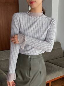 FRIFUL 女士荷葉邊條紋t恤,帶褶皺袖 - 灰色 - 查看 4