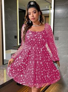 SHEIN Unity Plus Size Square Collar Lantern Sleeve Mesh Overlay Dress - Hot Pink - View 1