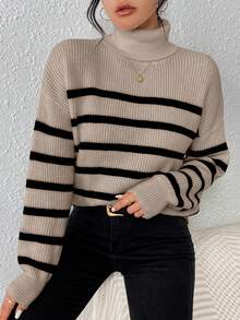 SHEIN Essnce Women'S High Neck Striped Sweater - Mocha Brown - View 6