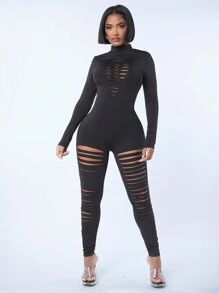 SHEIN SXY 女式性感鏤空長袖黑色緊身衣連身褲 - 黑色 - 查看 3